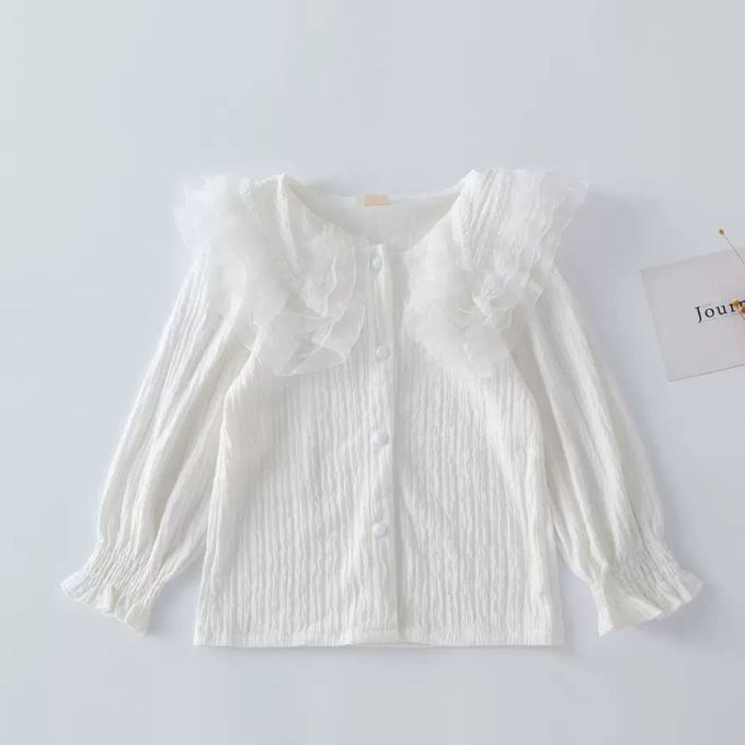 love, charlotte - 歐美系荷葉花邊領口坑條薄針織上衣  童裝 上衣 素色 白色上衣
