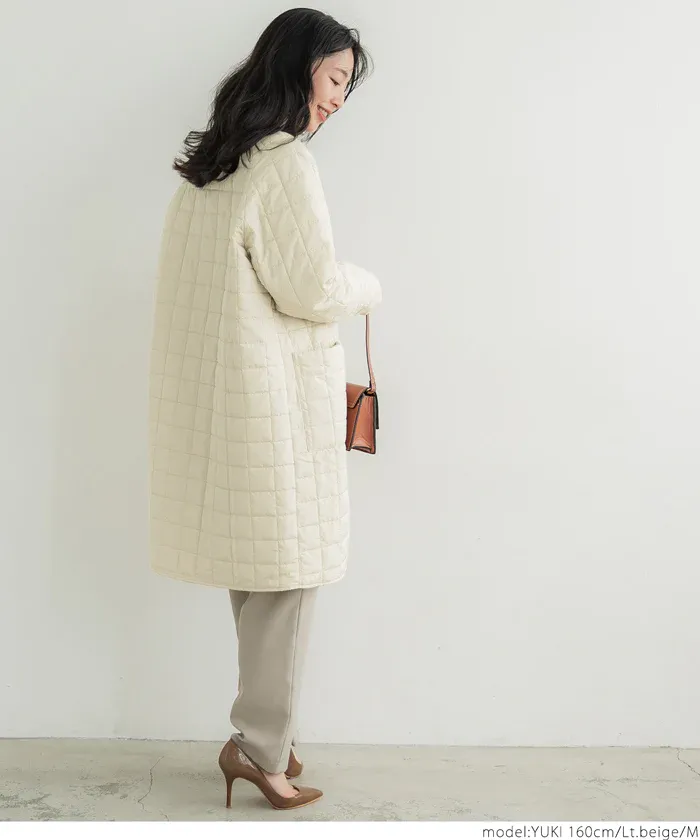 日本 COCA - 格紋絎縫無領長版鋪棉外套-黑