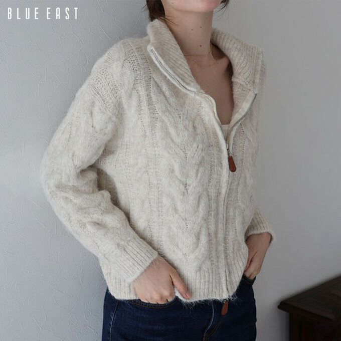 日本 BLUE EAST - 混羊毛麻花紋路立領雙拉鏈針織外套-灰