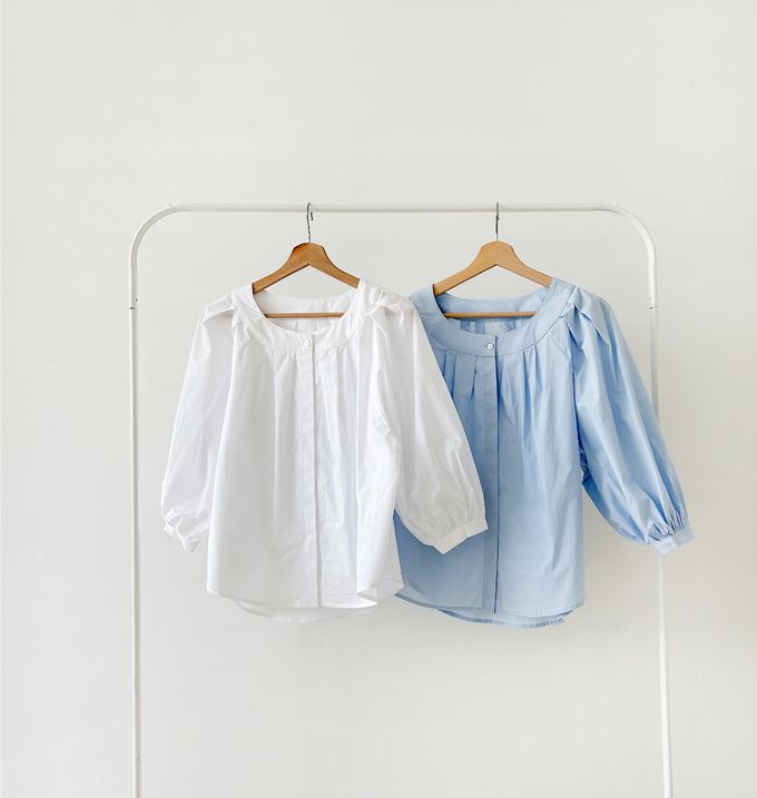 韓國女裝連線 - 氣質抓褶圓領七分袖襯衫-白 (FREE)