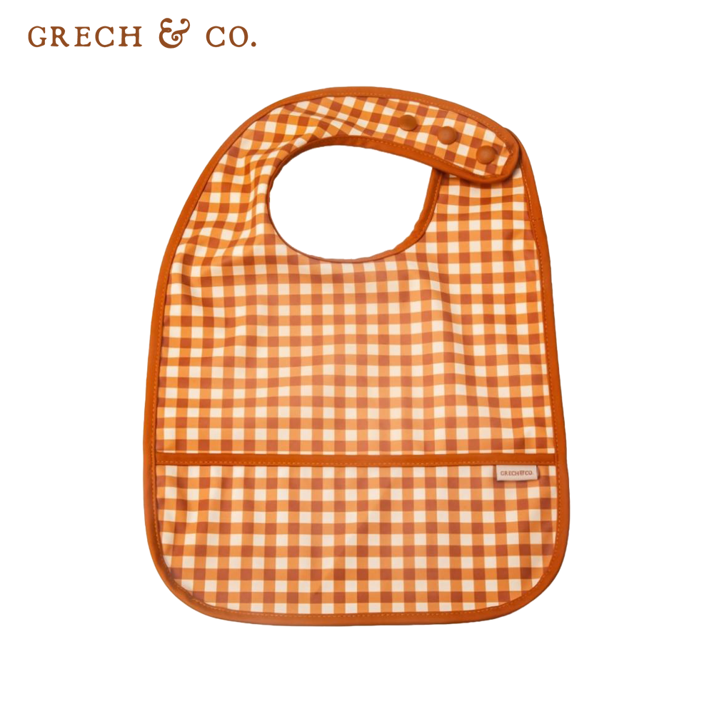 丹麥 GRECH & CO. - 防水圍兜-格紋橘 (適用於6個月以上)