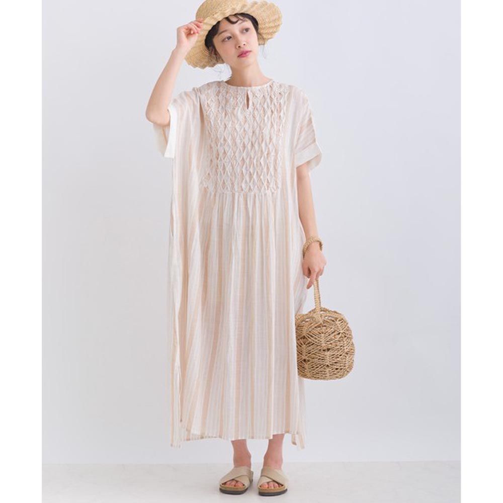 日本 Lupilien - 100%印度棉 皺摺寬袖夏日洋裝-卡其條紋