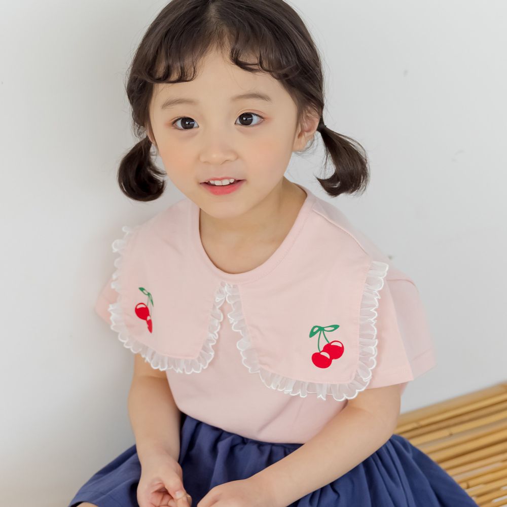 韓國 Orange Mom - 櫻桃蕾絲滾邊領上衣-粉紅