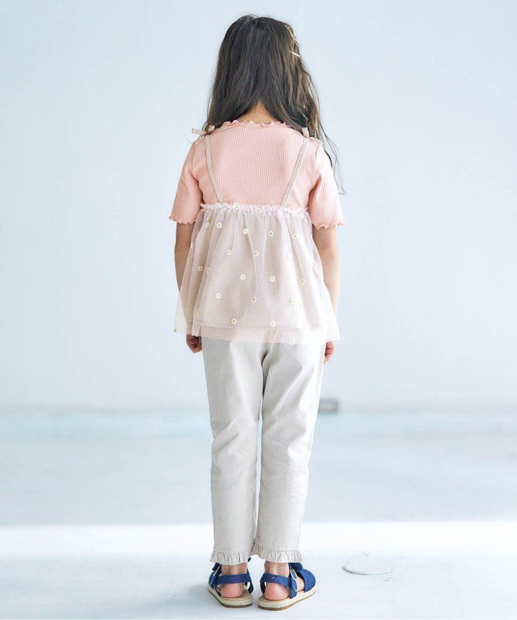 日本 apres les cours - 花朵刺繡拼接夢幻短袖上衣-卡其x粉紅