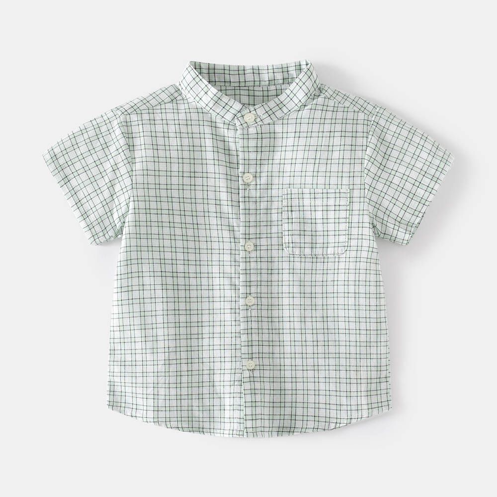 純棉休閒立領短袖襯衫-格子-綠色
