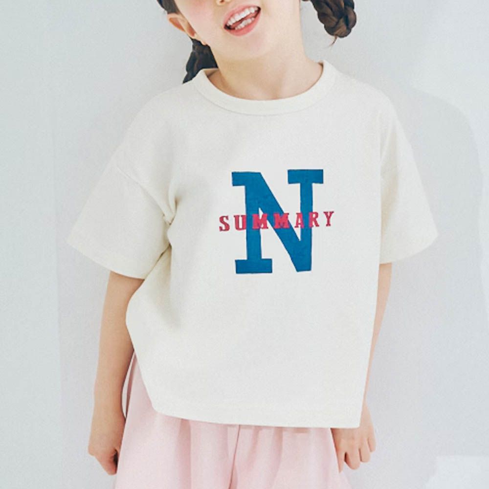 純棉落肩北歐風印花短袖上衣-N-奶油白