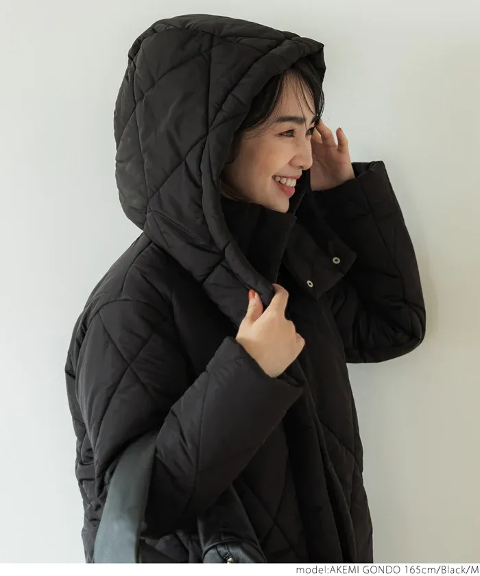 日本 COCA - 俐落長版絎縫鋪棉保暖外套(帽可拆)-咖啡