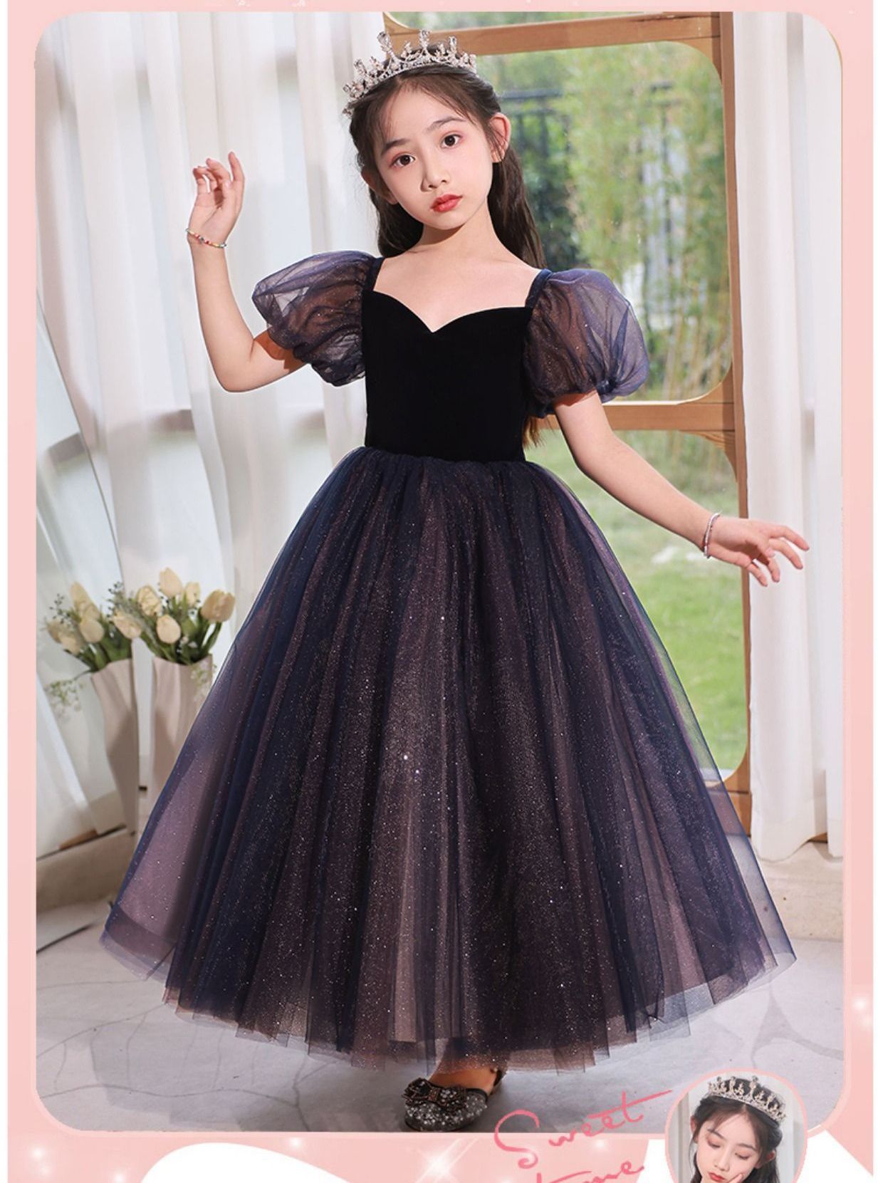 桃心領公主泡泡袖雙色網紗禮服-紫+粉