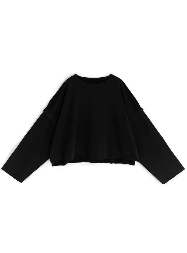 日本 GRL - 露肩開衩短版薄長袖上衣-黑 (F)