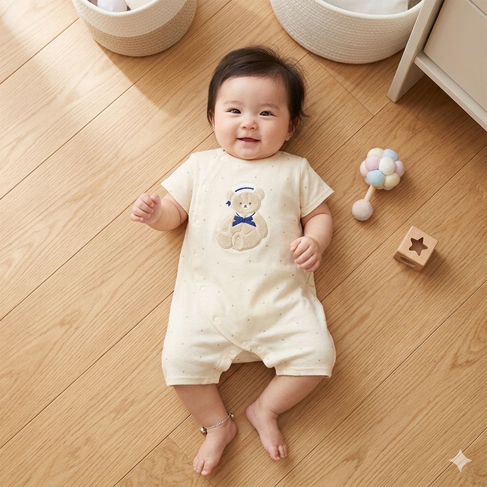 短袖兔裝-毛巾布造型圖案-淺卡其色