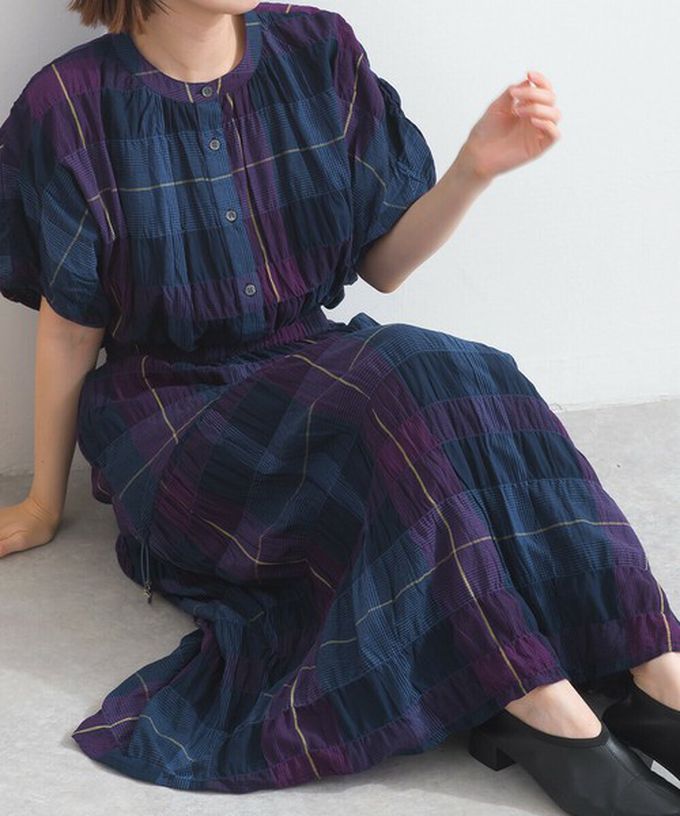 日本 Lupilien - 印度棉 皺皺文青格紋側抽繩長裙-黑灰