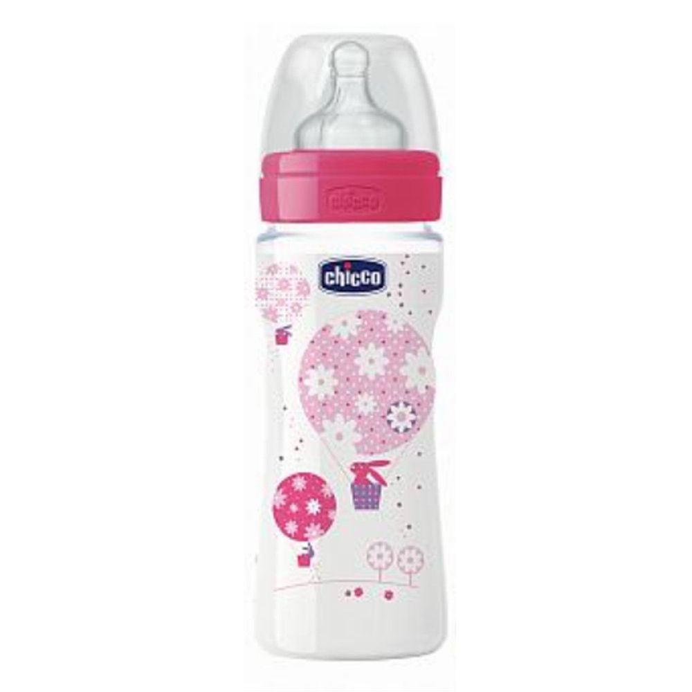 義大利 chicco - 舒適哺乳-甜美女孩矽膠PP奶瓶-特大(4m+) (330ml)-三孔
