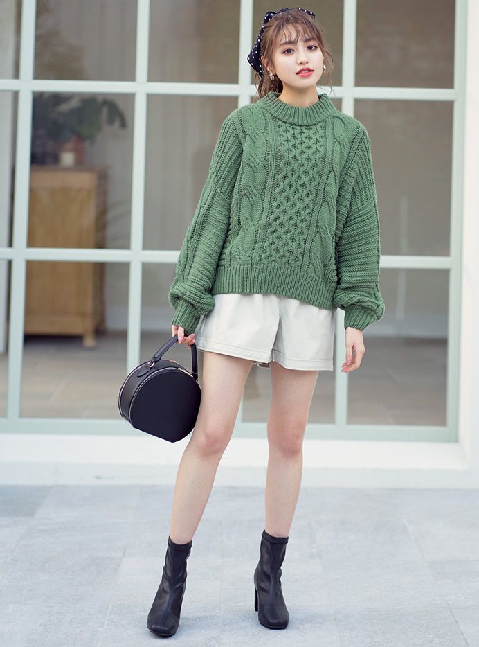 日本 GRL - 小高領麻花針織毛衣-杏