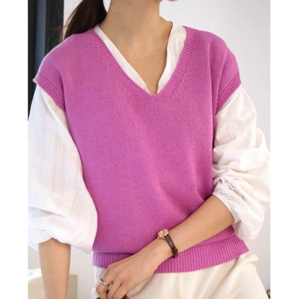 韓製 夏日棉麻V領蓋袖針織上衣-桃紫 (FREE)
