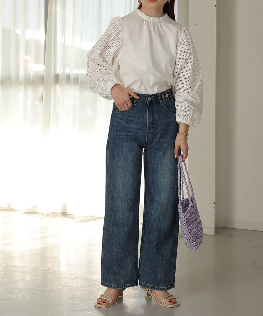 日本 Bab - 棉質立領雕花泡泡袖上衣-氣質米