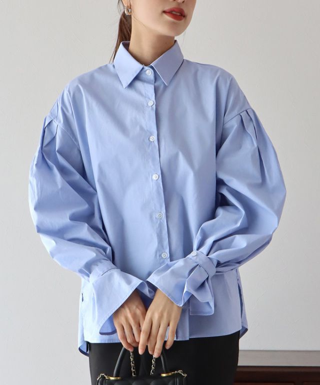 日本 BLUE EAST - 甜美翻領糖果袖襯衫-水藍