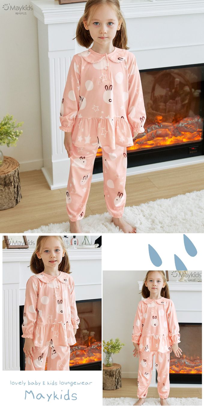 韓國 Maykids - 桃皮絨長袖睡衣套裝-棉花糖兔-粉橘