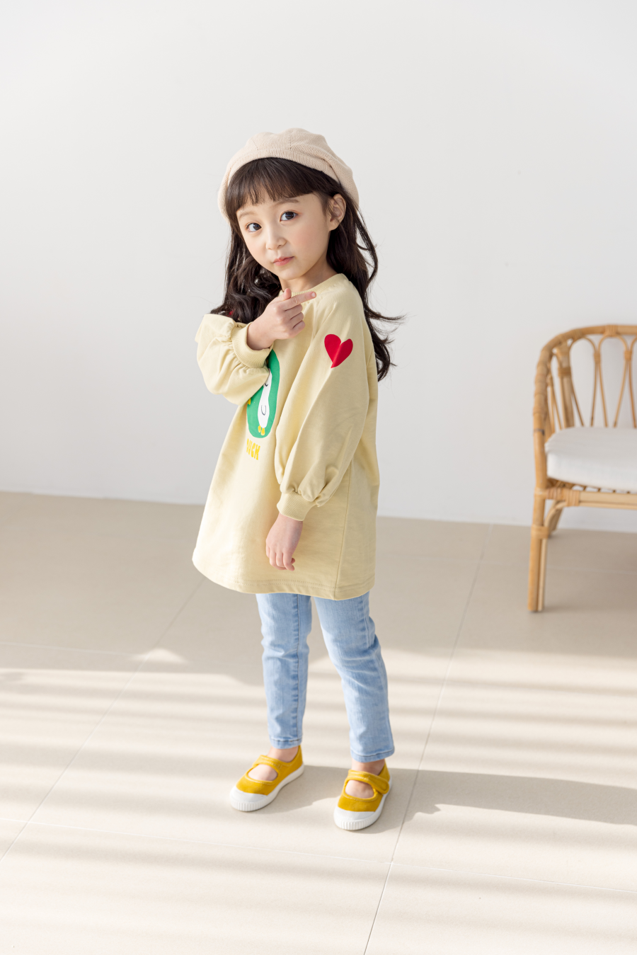 韓國 Orange Mom - 兩隻鴨鴨泡泡袖長版T-鵝黃