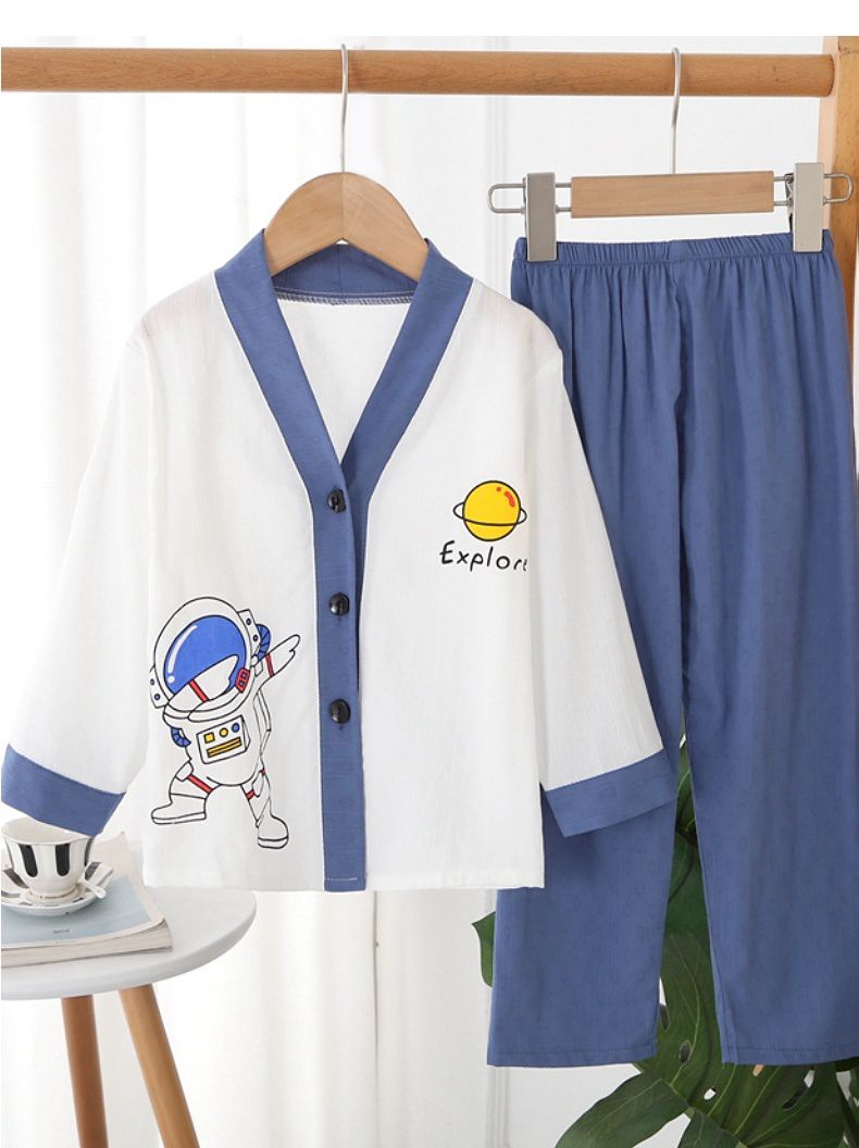 紗布棉開衫排釦長袖家居服套裝-太空人-白+藍
