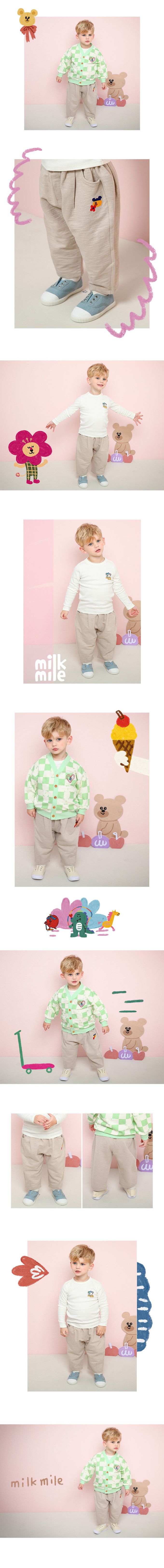 韓國 milk mile - 鬆緊腰小熊刺繡休閒長褲-深藍灰