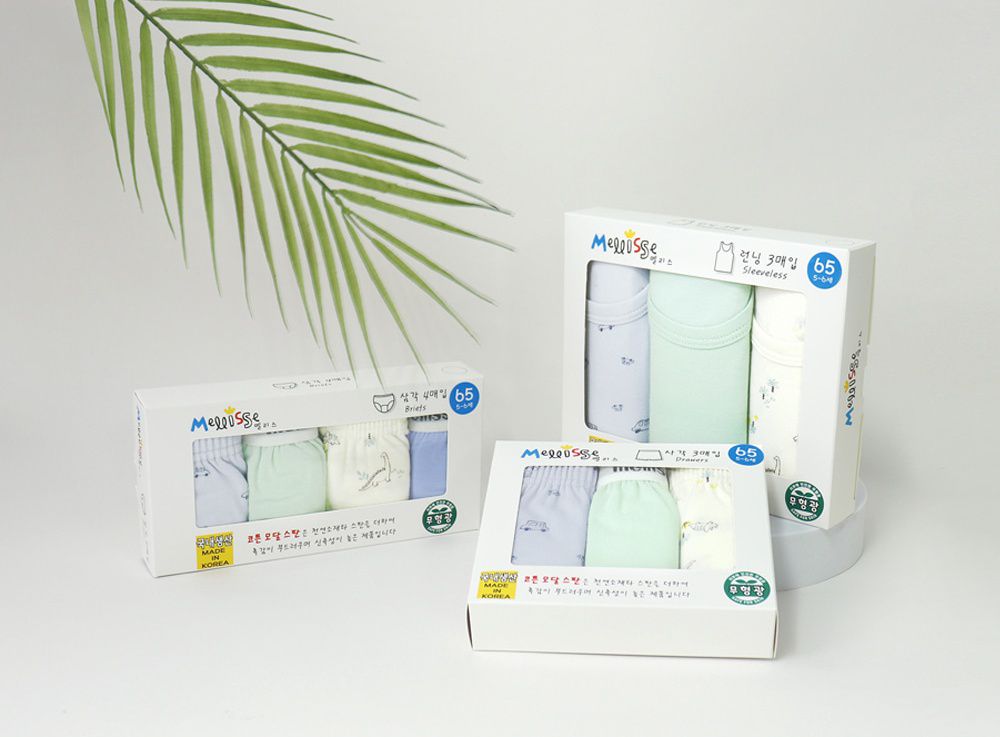 韓國 Mellisse - 韓製無螢光棉透氣三角褲(男寶)-藍X綠X米-四件組