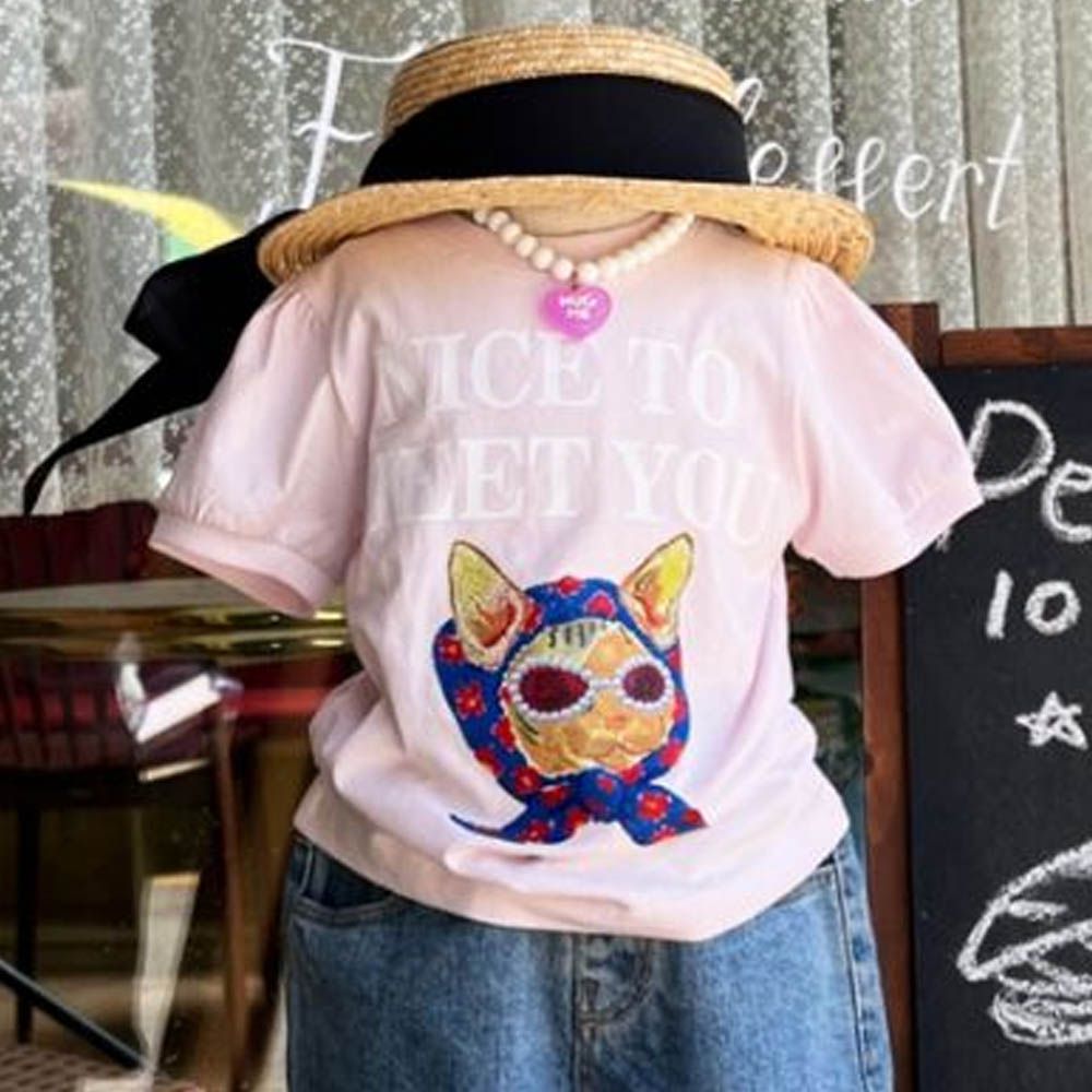 頭巾貓貓印短袖上衣-粉