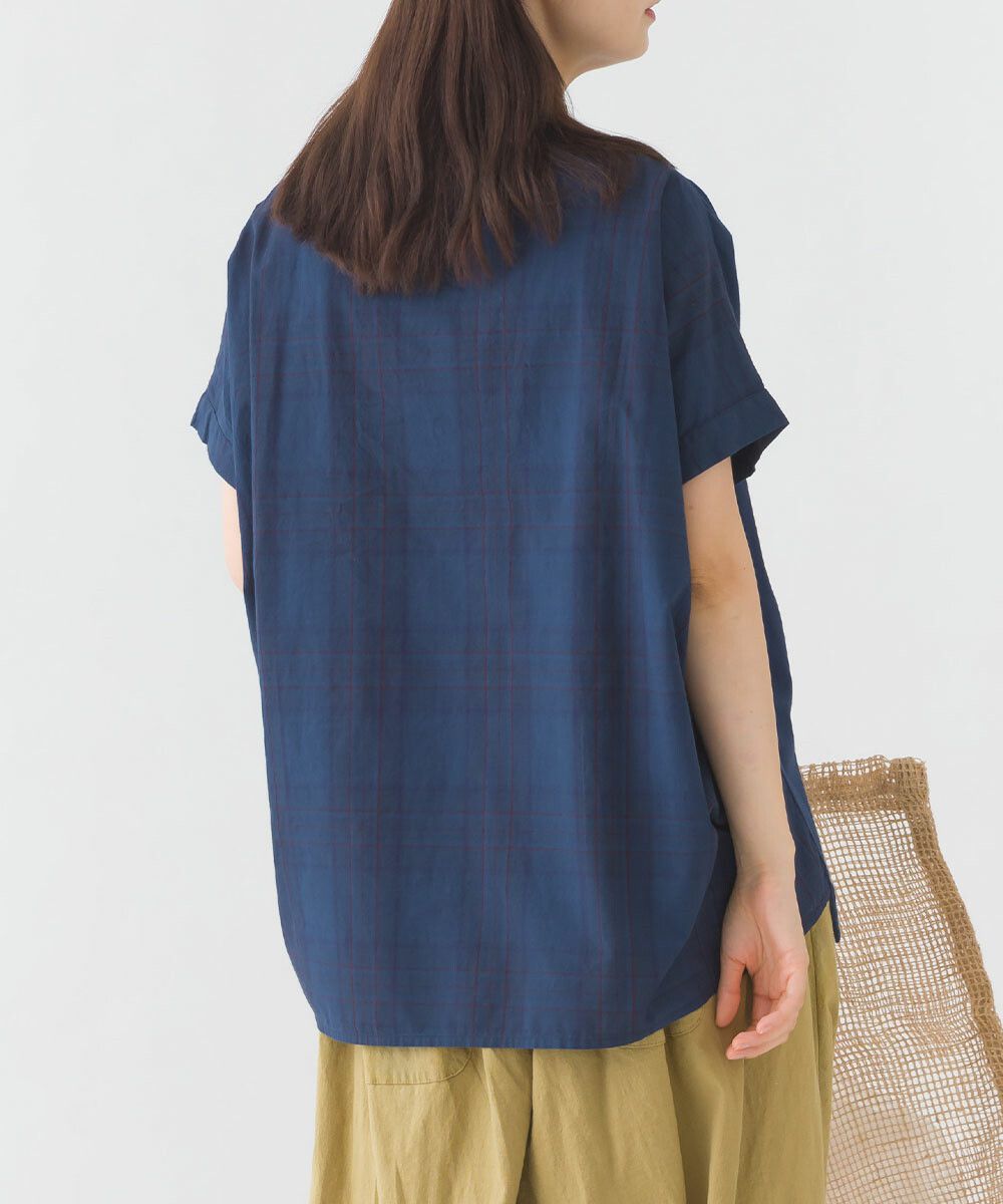 日本女裝代購 - 100%印度棉格紋拼接短袖上衣-深藍