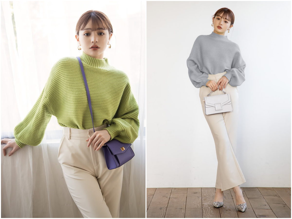 日本 GRL - 橫羅紋半高領泡泡袖針織毛衣-蘋果綠