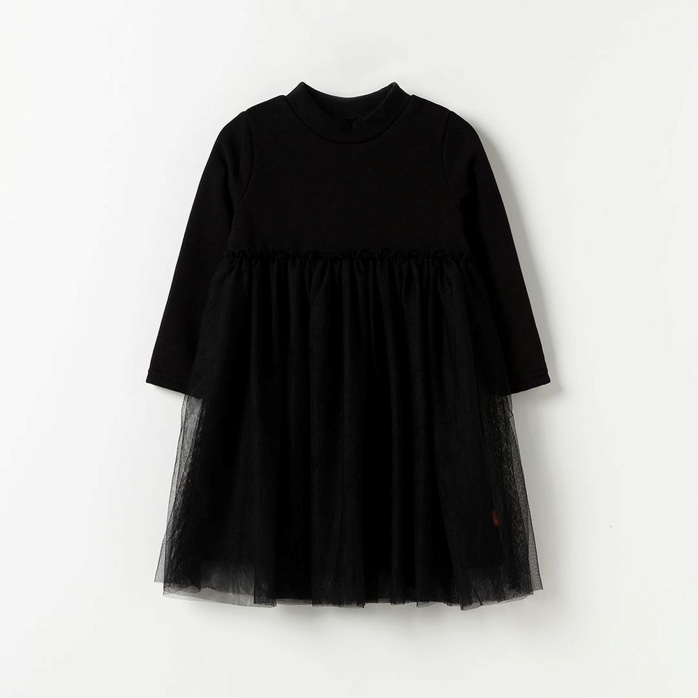 (內磨毛)柔美網紗點綴中領長袖洋裝-黑