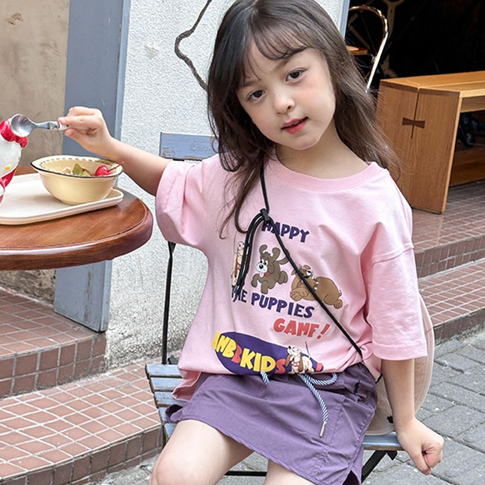 手繪風美式休閒純棉短袖上衣-粉色