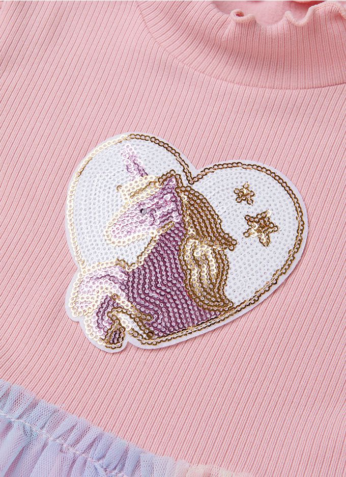 韓國 OZKIZ - 亮片獨角獸拼接繽紛網紗洋裝-粉