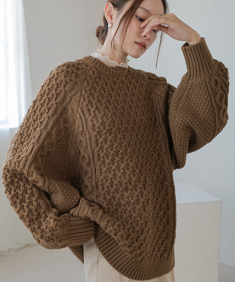 日本 Bab - 麻花編織大寬袖針織上衣-炭灰