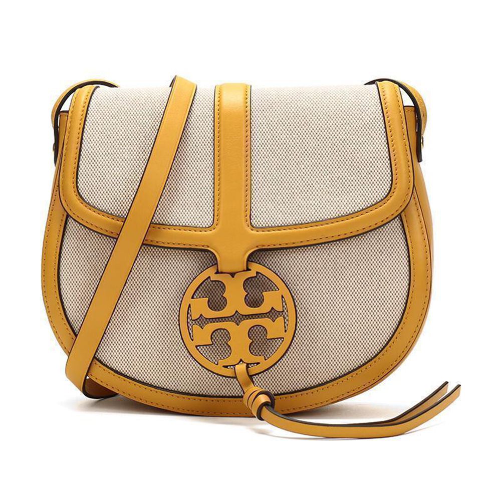 帆布拼接皮革造型斜背包 (米白)