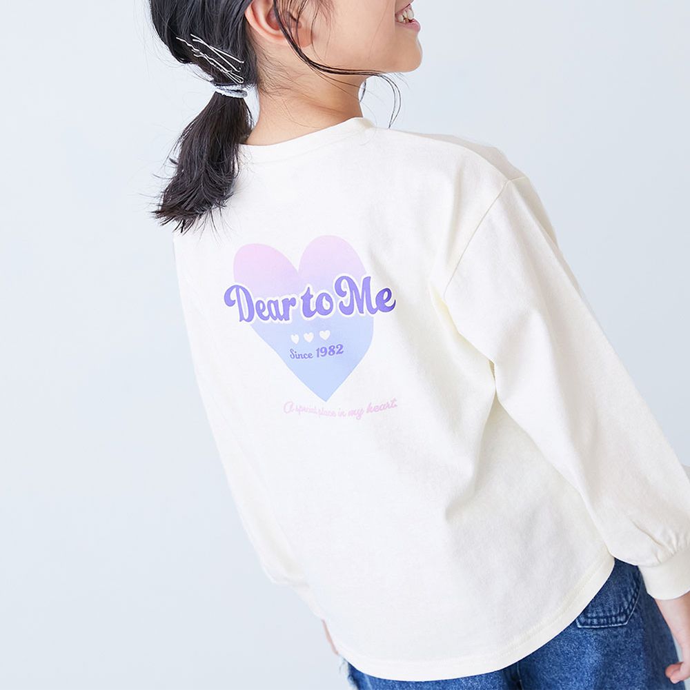 100%棉 圓弧下擺印花長袖T恤-漸層愛心-白