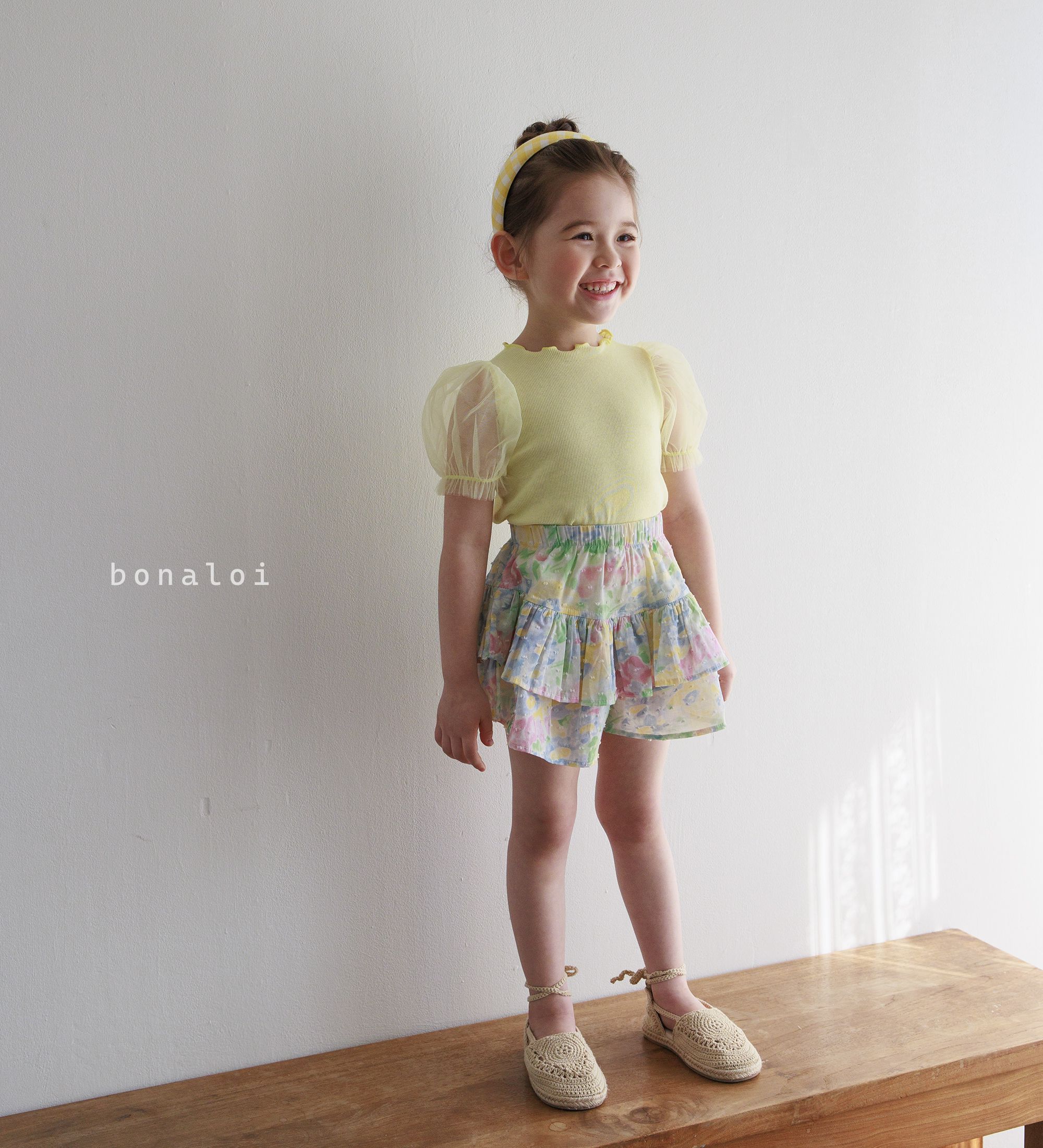 韓國 Bonaloi - 薄紗泡泡袖羅紋T-鵝黃