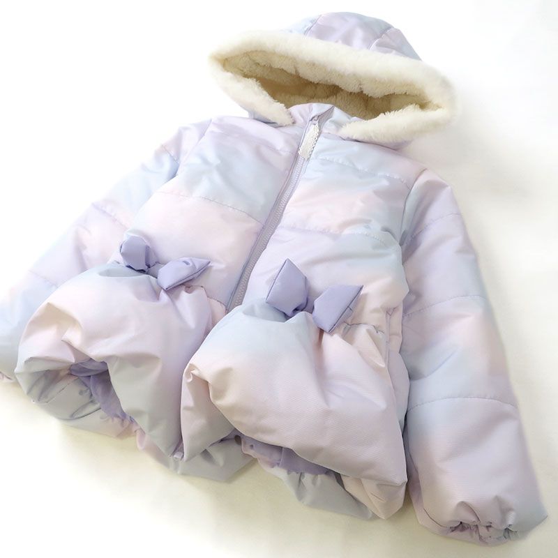 日本 ZOOLAND - 撥水加工 毛絨保暖連帽鋪棉外套-蝴蝶結-粉漸層