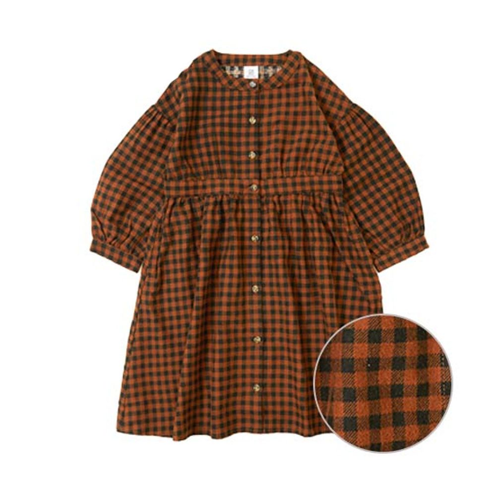 日本 devirock - 2way英倫格紋澎澎長袖洋裝/外套-咖啡橘