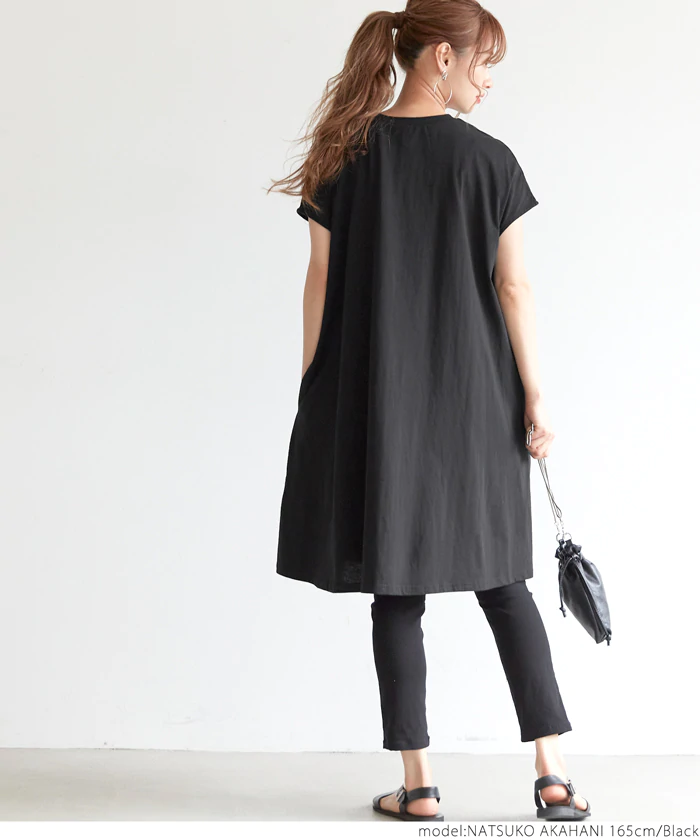 日本 COCA - 純棉圓領修身剪裁長版短袖上衣-黑