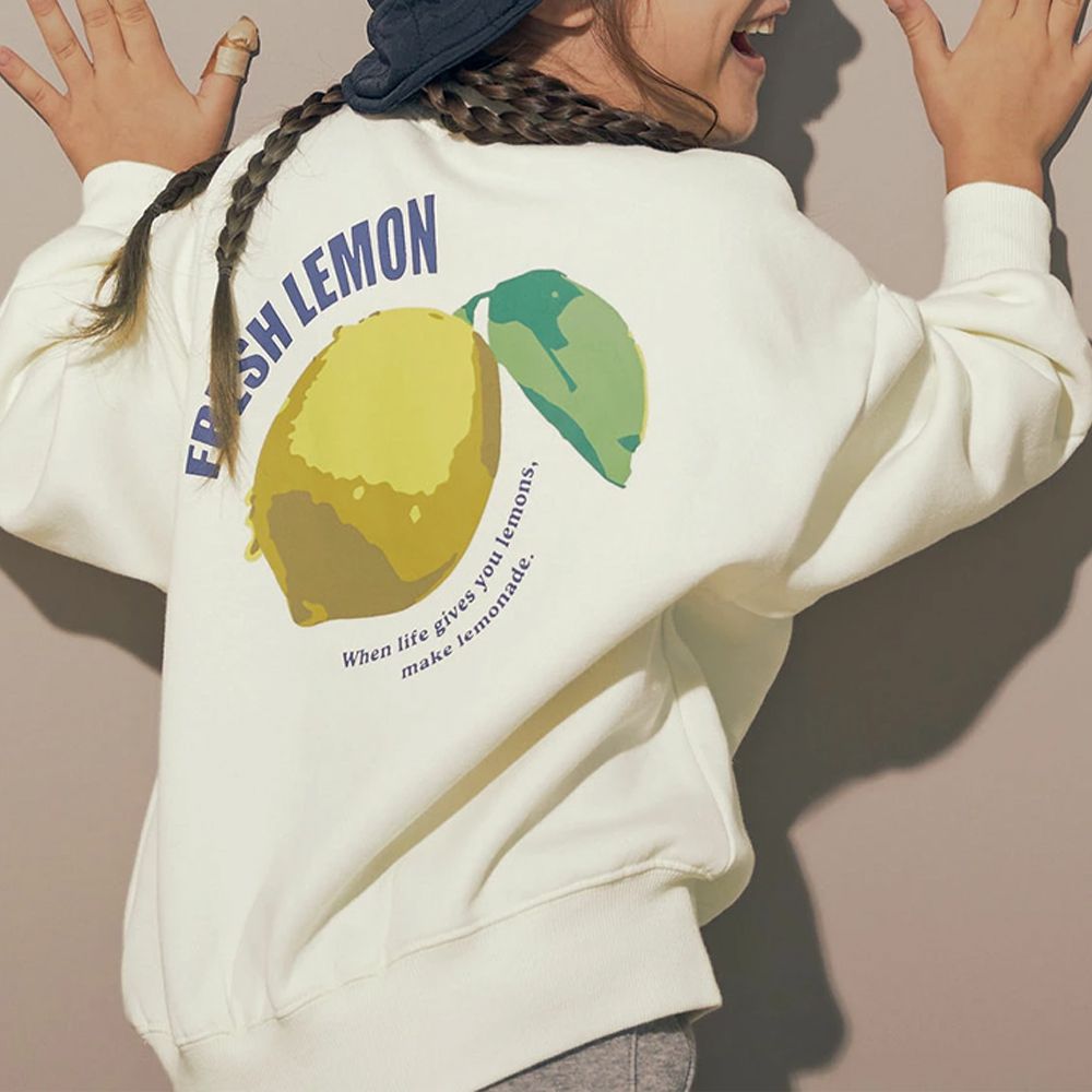 裏起毛個性印花大學T-巨大檸檬-白