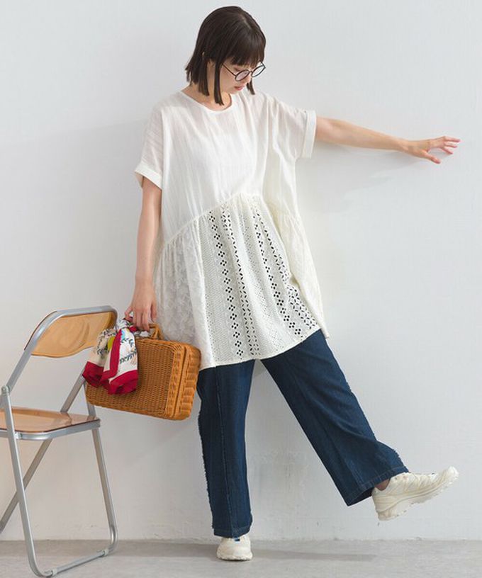 日本 Lupilien - 100%印度棉 柔美緹花長版短袖上衣-白