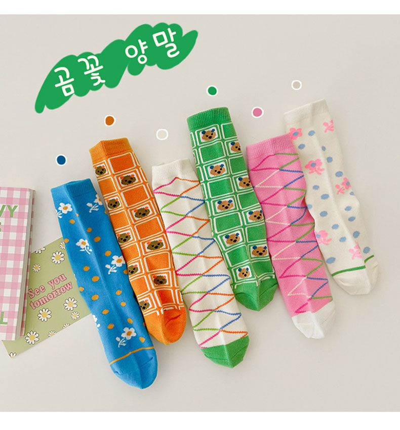 兒童中筒襪 (三入一組)-1084小熊碎花-B款-白粉綠各1