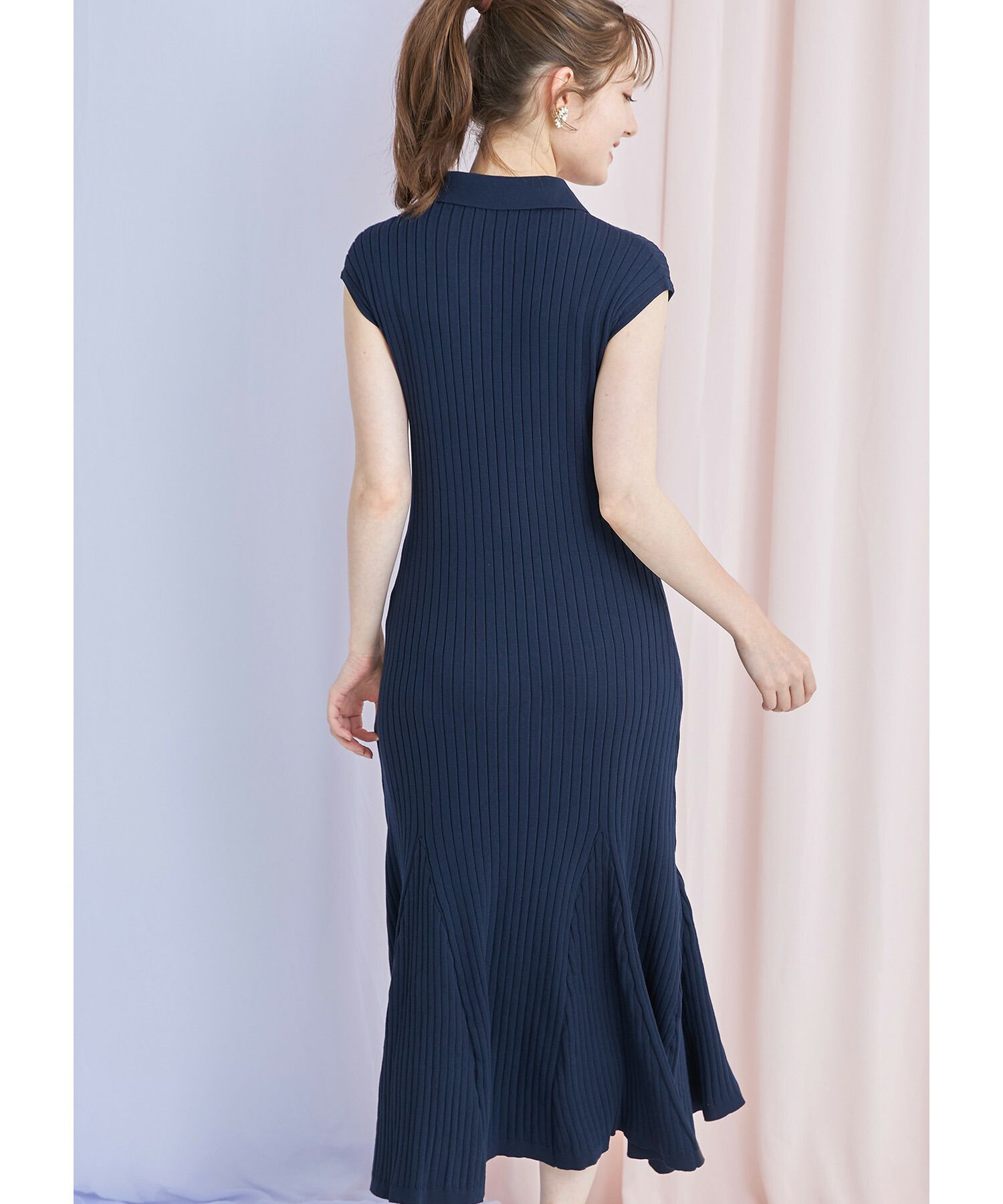 日本 tocco-closet - 直羅紋翻領修身洋裝-海軍藍