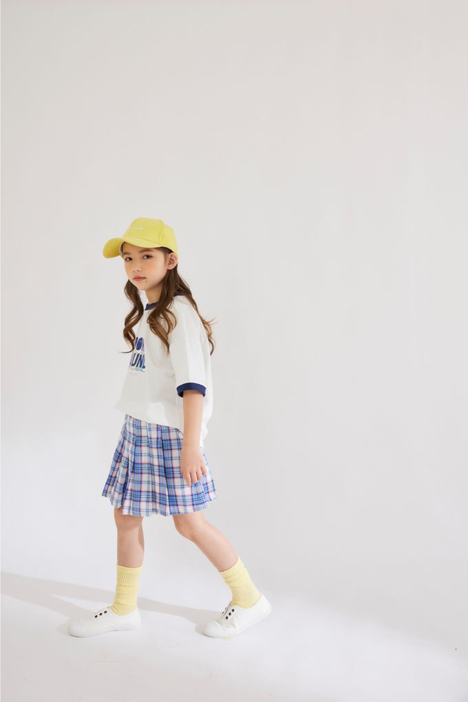 韓國 INDIVIDUEL - 鬆緊腰格子百摺短裙-藍X白