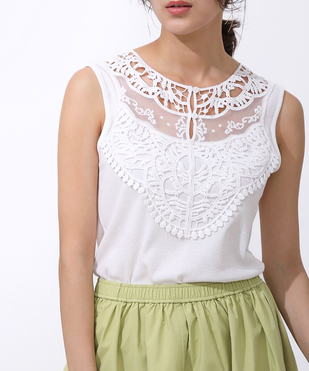 日本 Bab - 蕾絲拼接無袖上衣/大內搭背心-白