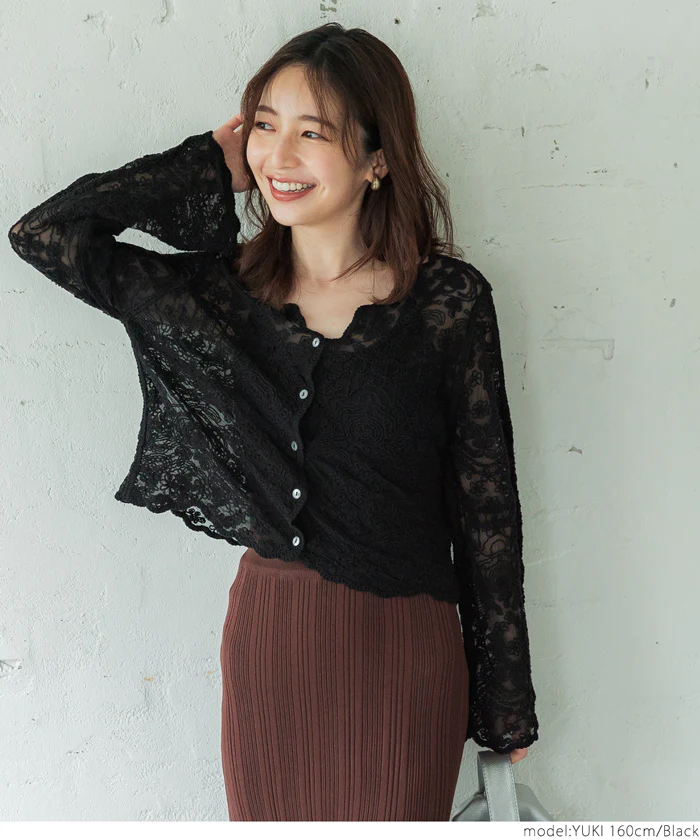 日本 COCA - 透明感蕾絲花朵薄外套/罩衫-白