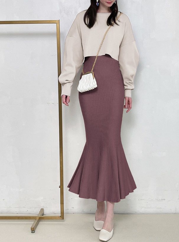 日本 GRL - 針織修身高腰魚尾裙-罌粟粉