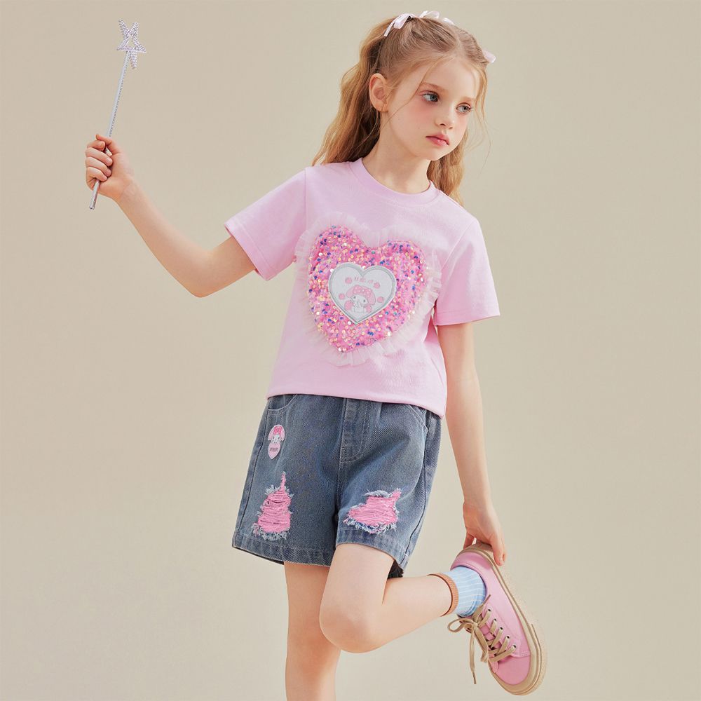 純棉圓領短袖上衣+牛仔短褲套裝-卡通人物美樂蒂-粉色