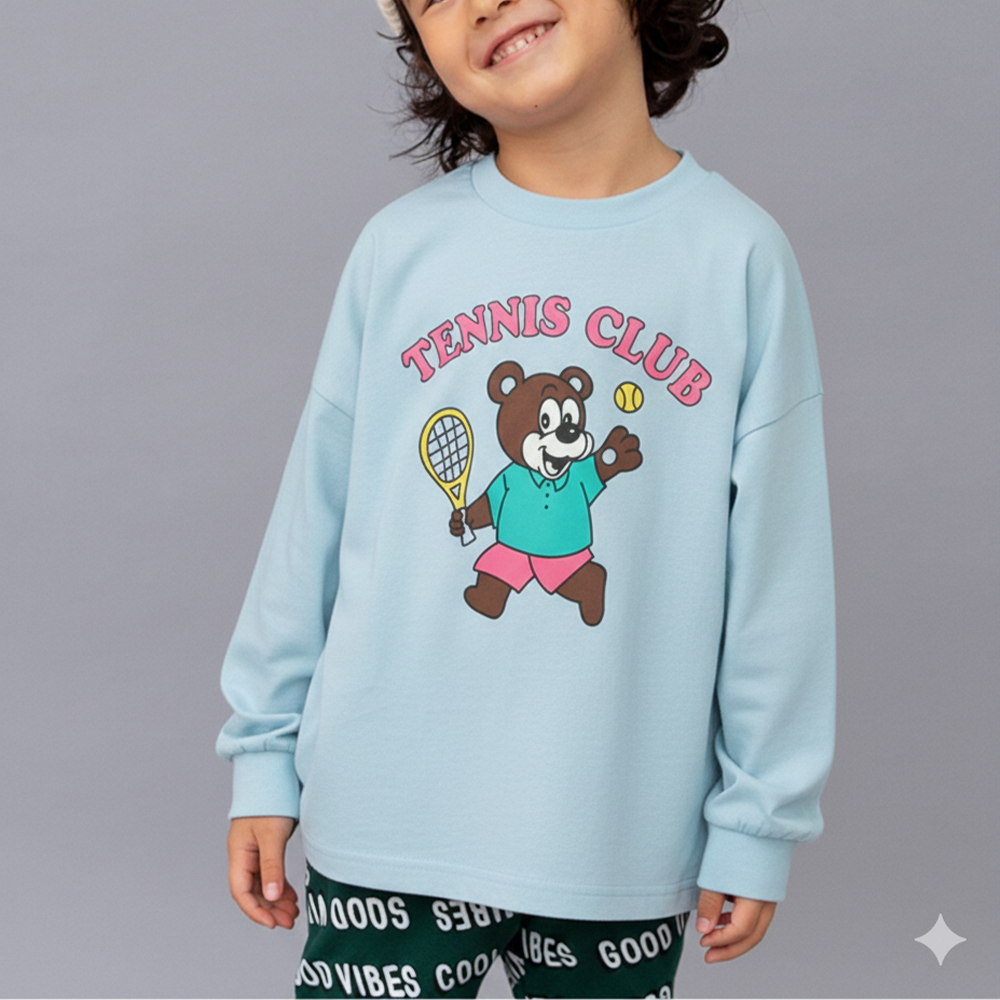 俏皮印花薄長袖上衣-熊熊打網球-水藍