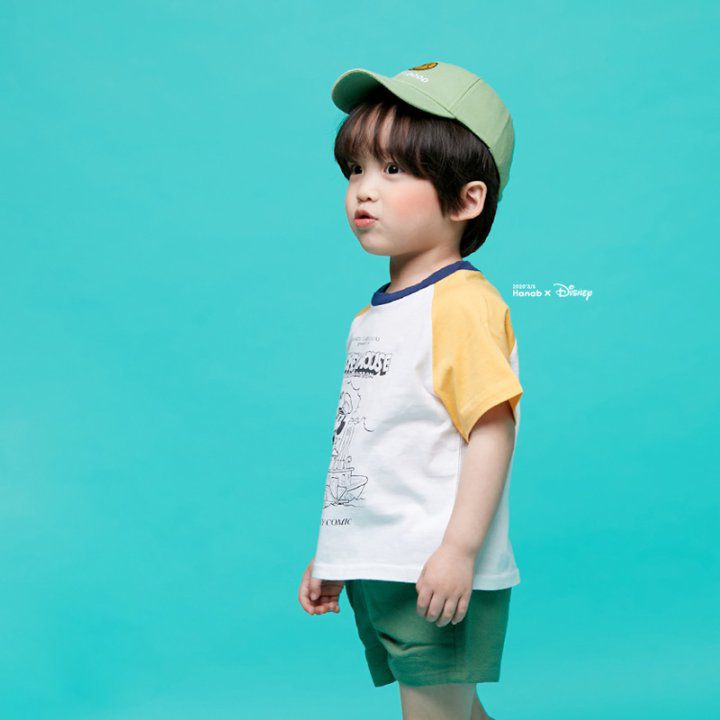 韓國 Hanab - 正版迪士尼-卡通米奇拼接色T-黃