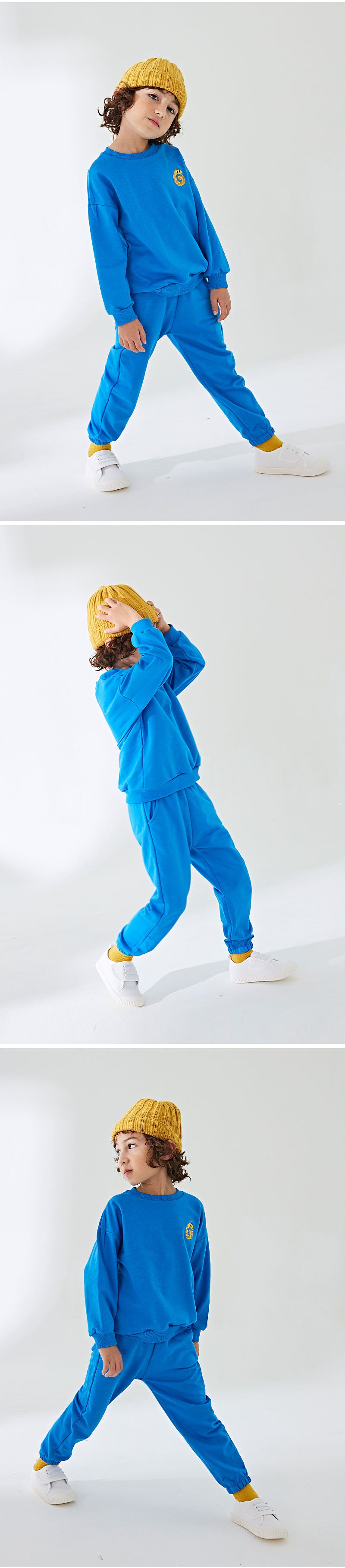 韓國 OZKIZ - 動物刺繡休閒長袖縮口套裝-長頸鹿-寶藍